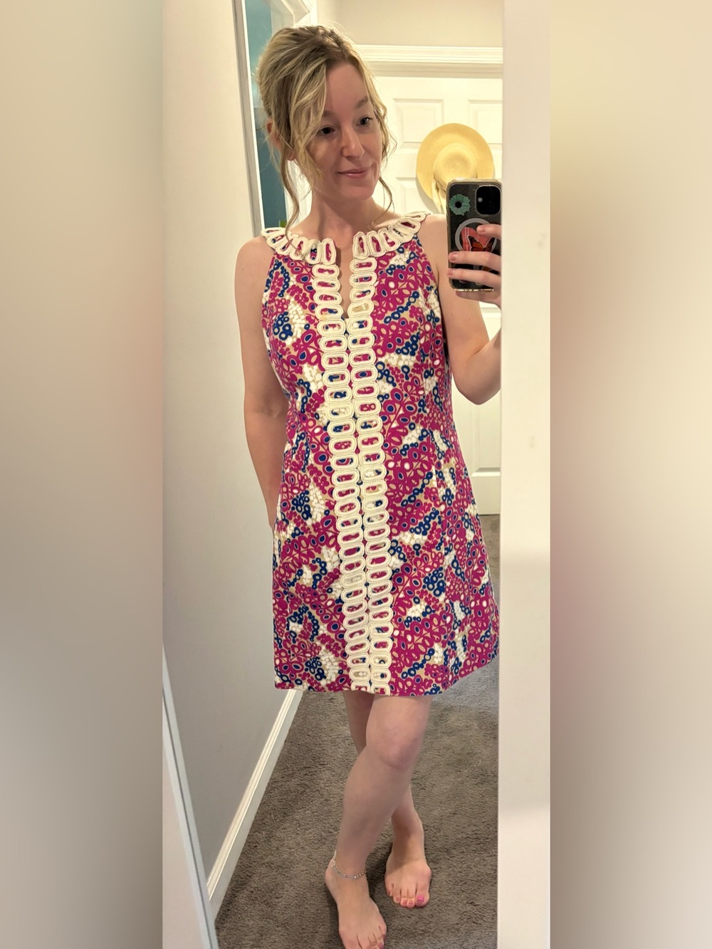 Lilly Pulitzer Pink Printed Sleeveless Shift Dress with Cream Trim